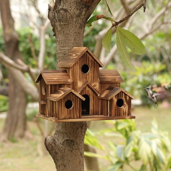Wooden Birdhouse | Handmade | 6 Nesting Chambers | Rustic Outdoor Houses | Weatherproof & Durable | For Small Garden Birds | For Wall or Pole | Natural Construction | Perfect for Garden or Balcony