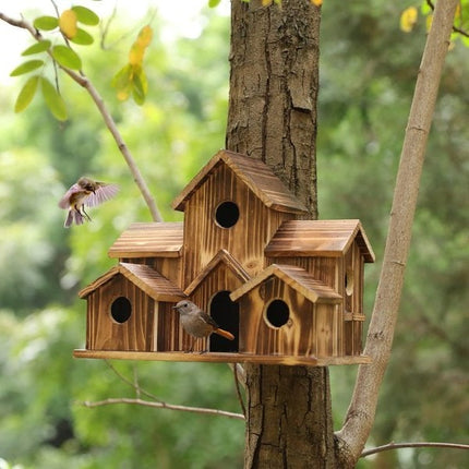 Wooden Birdhouse | Handmade | 6 Nesting Chambers | Rustic Outdoor Houses | Weatherproof & Durable | For Small Garden Birds | For Wall or Pole | Natural Construction | Perfect for Garden or Balcony