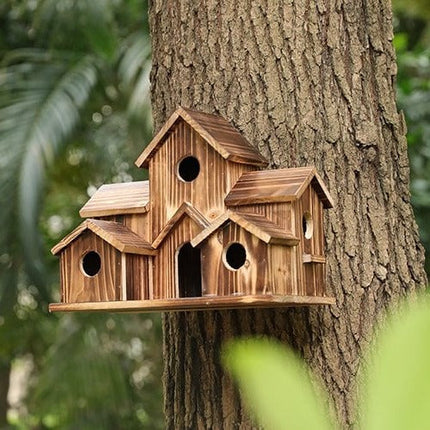 Wooden Birdhouse | Handmade | 6 Nesting Chambers | Rustic Outdoor Houses | Weatherproof & Durable | For Small Garden Birds | For Wall or Pole | Natural Construction | Perfect for Garden or Balcony