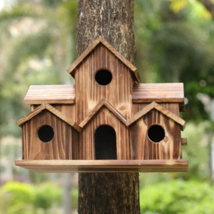 Wooden Birdhouse | Handmade | 6 Nesting Chambers | Rustic Outdoor Houses | Weatherproof & Durable | For Small Garden Birds | For Wall or Pole | Natural Construction | Perfect for Garden or Balcony