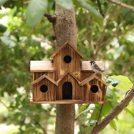Wooden Birdhouse | Handmade | 6 Nesting Chambers | Rustic Outdoor Houses | Weatherproof & Durable | For Small Garden Birds | For Wall or Pole | Natural Construction | Perfect for Garden or Balcony