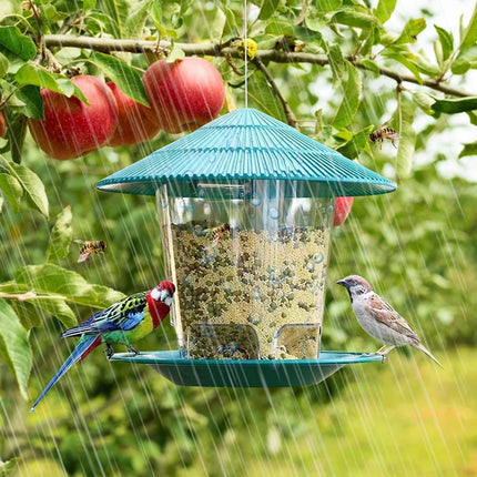 Garden bird feeder | Stainless steel | Automatic seed dispenser | Unique hexagonal design | Suitable for garden balconies | Weatherproof and easy to install | Large seed capacity