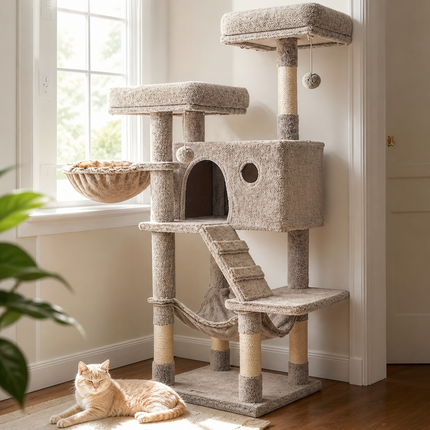 Krabboom voor Grote Katten - CozyClimb - Ligplaatsen, Schuilplek en Speeltjes