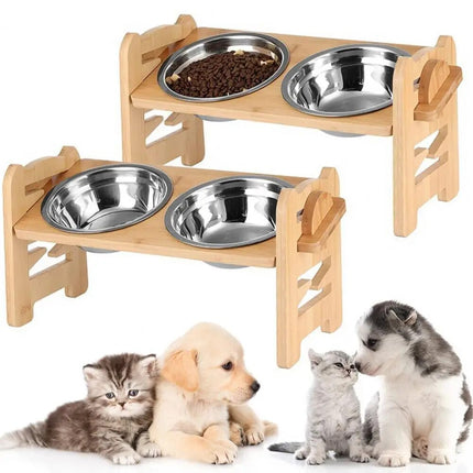 PawNoble verhoogd eetstation huisdieren | Bamboe voerstation met roestvrijstalen kommen | Ergonomisch en duurzaam | Voor honden en katten | Modern design