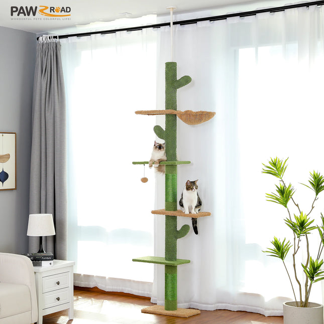 Kratspaal voor Katten | 5-Laagse Klimtoren tot Plafond | Cactusvormig Design | Krabpalen | Hangmat & Speelbal | PETEPELA