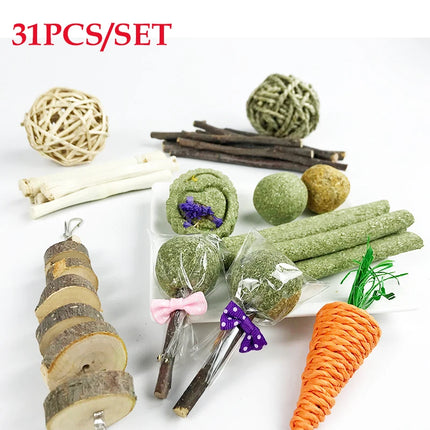 Knaagdier Kauwspeelgoed Set | Voor Cavia Konijn Hamster | Gras Appelhout Loofah | Tandenreiniging 31/14/9/7 stuks
