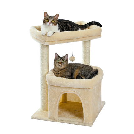 PAWZ Road Kattenboom | Grijs/Beige | Drie Lagen | Hout & Pluche | Inclusief Krabpalen met Sisaltouw | 68cm Hoog | Ruime Condos & Ligplaatsen | Geschikt voor Binnen | Verwijderbare Speelmuis | Stabiel en Veilig
