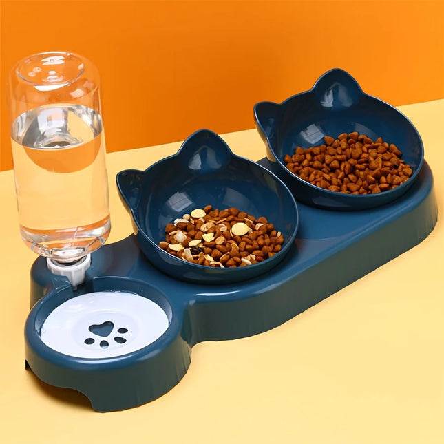 Kattenvoerbak en Waterbak 3-in-1 met Oorontwerp | Licht Hellende Kommen | Geïntegreerde Waterfles 500 ml | Kunststof | Eenvoudig te Reinigen