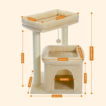 PAWZ Road Kattenboom | Grijs/Beige | Drie Lagen | Hout & Pluche | Inclusief Krabpalen met Sisaltouw | 68cm Hoog | Ruime Condos & Ligplaatsen | Geschikt voor Binnen | Verwijderbare Speelmuis | Stabiel en Veilig
