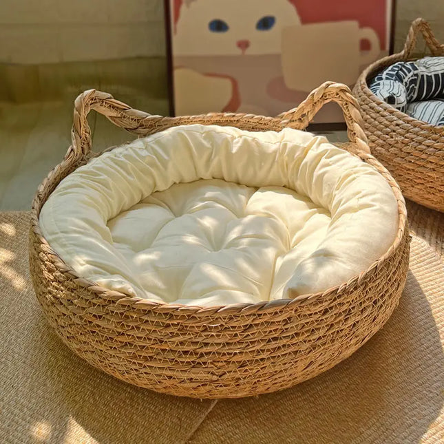 OUZEY Kattenmand Rattan Gevlochten | Kattenbed Rond | Warm en Comfortabel | Inclusief Kussen | Geschikt Voor Katten en Kleine Honden | Meerdere Kleuren | Gemaakt Van Hout