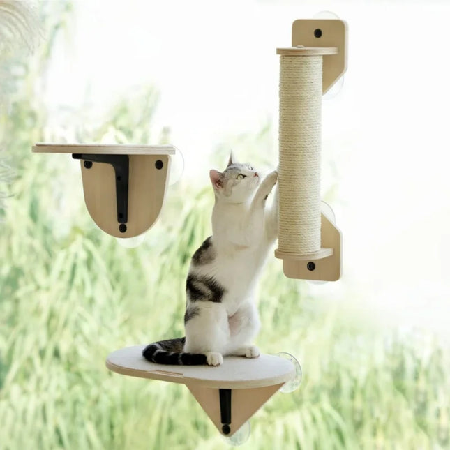 Kattenraam Ligbed 3-in-1 | Klimplank en Krabpaal Inclusief | Duurzaam Sisal & Polyester | Sterke Zuignappen | Stevige Basswood Constructie | Max 10 kg Capaciteit | Gemakkelijk Monteerbaar & Verplaatsbaar