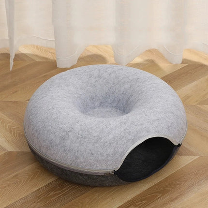 Donut- en Tunnelbed combinatie voor katten | Comfortabel en speels ontwerp in meerkleurig wolvilt | Opvouwbaar en ideaal voor kleine huisdieren