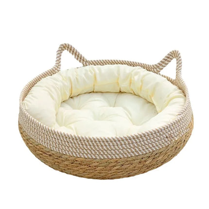 OUZEY Rieten Huisdier Mand | Comfortabel Ademend | Katoen | Ronde Mand voor Katten en Kleine Honden | Seizoensgebonden Dierenhuis | Perfect voor Rust en Slaap | Huisdieraccessoires uit China