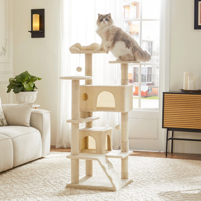 JHK Kattenmeubel | Houten Kattentoren 4-laags | Speelhuis met Sisal Krabpalen | Stabiele Kattenboom | Binnenhuis Dierenspeelgoed | Pluche Bekleding | Muurbevestiging Optie