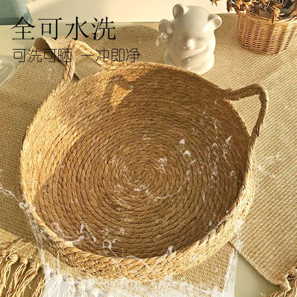OUZEY Kattenmand Rattan Gevlochten | Kattenbed Rond | Warm en Comfortabel | Inclusief Kussen | Geschikt Voor Katten en Kleine Honden | Meerdere Kleuren | Gemaakt Van Hout