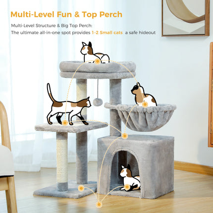 PEQULTI Kattentoren Grijs/Beige | Kleine Kattentoren voor Binnen | Sisal Krabpaal | Comfortabele Condo Hangmat | Drie lagen | Kattenkrabber | Kattenaccessoires | Kattenspeelgoed | Hout | 2-in-1 Design