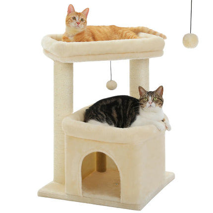 PAWZ Road Kattenboom | Grijs/Beige | Drie Lagen | Hout & Pluche | Inclusief Krabpalen met Sisaltouw | 68cm Hoog | Ruime Condos & Ligplaatsen | Geschikt voor Binnen | Verwijderbare Speelmuis | Stabiel en Veilig