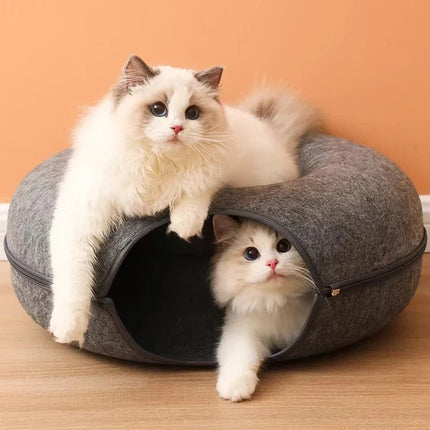 Donut- en Tunnelbed combinatie voor katten | Comfortabel en speels ontwerp in meerkleurig wolvilt | Opvouwbaar en ideaal voor kleine huisdieren