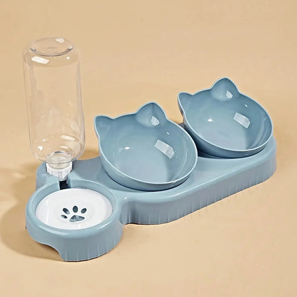Kattenvoerbak en Waterbak 3-in-1 met Oorontwerp | Licht Hellende Kommen | Geïntegreerde Waterfles 500 ml | Kunststof | Eenvoudig te Reinigen