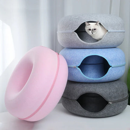 Donut- en Tunnelbed combinatie voor katten | Comfortabel en speels ontwerp in meerkleurig wolvilt | Opvouwbaar en ideaal voor kleine huisdieren