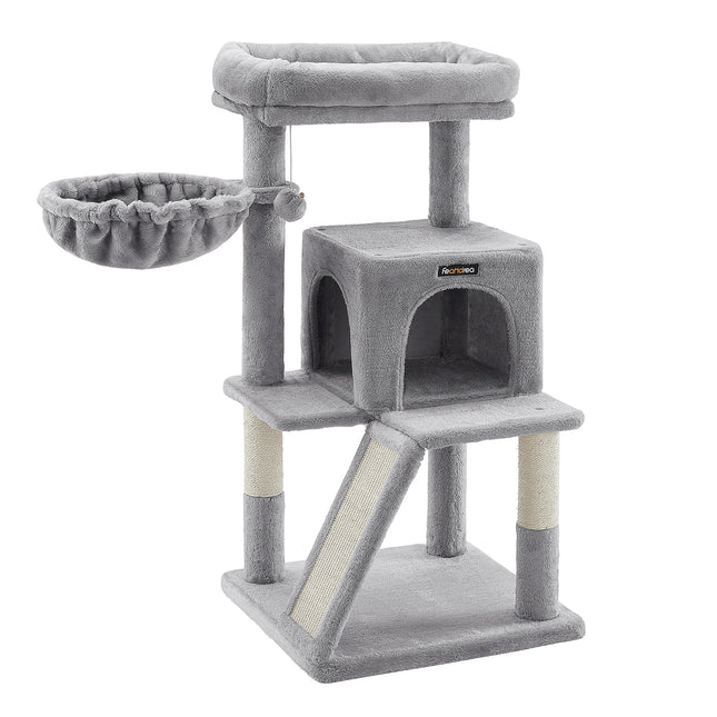 FEANDREA Kattenmeubel | Grote Observatiedek | Drie Laags | Sisal Krabstammen | Pluche Bal | Lichtgrijs