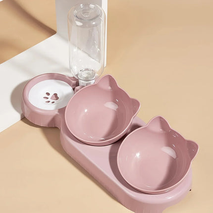 Kattenvoerbak en Waterbak 3-in-1 met Oorontwerp | Licht Hellende Kommen | Geïntegreerde Waterfles 500 ml | Kunststof | Eenvoudig te Reinigen