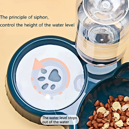 Kattenvoerbak en Waterbak 3-in-1 met Oorontwerp | Licht Hellende Kommen | Geïntegreerde Waterfles 500 ml | Kunststof | Eenvoudig te Reinigen