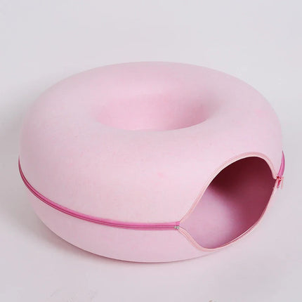Donut- en Tunnelbed combinatie voor katten | Comfortabel en speels ontwerp in meerkleurig wolvilt | Opvouwbaar en ideaal voor kleine huisdieren