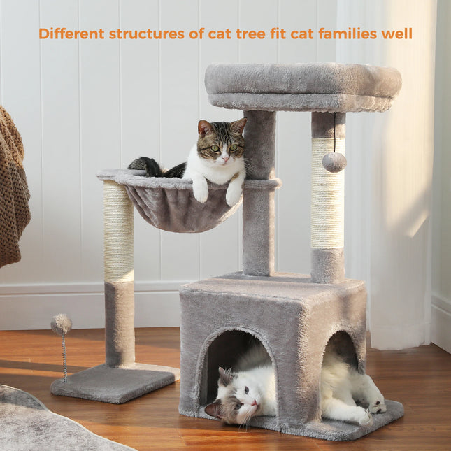 PEQULTI Kattentoren Grijs/Beige | Kleine Kattentoren voor Binnen | Sisal Krabpaal | Comfortabele Condo Hangmat | Drie lagen | Kattenkrabber | Kattenaccessoires | Kattenspeelgoed | Hout | 2-in-1 Design