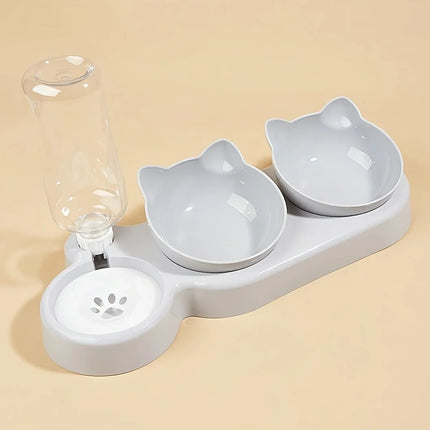 Kattenvoerbak en Waterbak 3-in-1 met Oorontwerp | Licht Hellende Kommen | Geïntegreerde Waterfles 500 ml | Kunststof | Eenvoudig te Reinigen