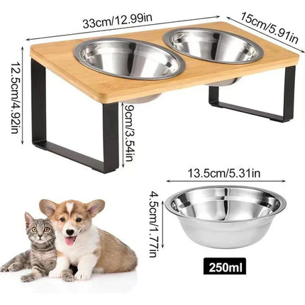 DinePaws Dubbele Voerbakken voor Katten en Kleine Honden | RVS Kommen met Houten en Bamboe Voet | Ergonomisch en Makkelijk Schoon te Maken