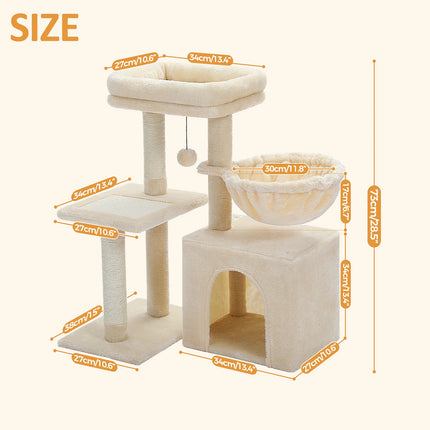 PEQULTI Kattentoren Grijs/Beige | Kleine Kattentoren voor Binnen | Sisal Krabpaal | Comfortabele Condo Hangmat | Drie lagen | Kattenkrabber | Kattenaccessoires | Kattenspeelgoed | Hout | 2-in-1 Design