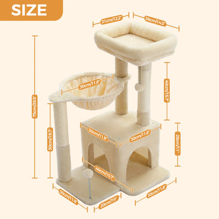 PEQULTI Kattentoren Grijs/Beige | Kleine Kattentoren voor Binnen | Sisal Krabpaal | Comfortabele Condo Hangmat | Drie lagen | Kattenkrabber | Kattenaccessoires | Kattenspeelgoed | Hout | 2-in-1 Design