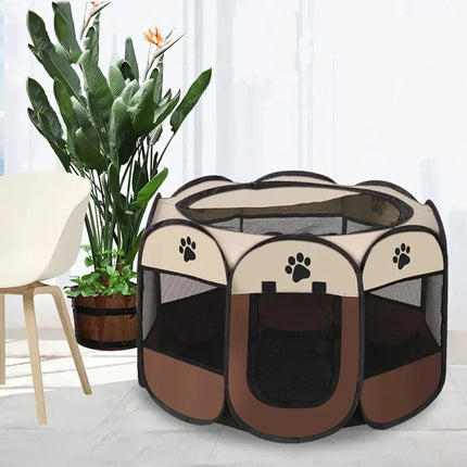 Huisdierentent Achthoekig Opvouwbaar | Voor Grote Honden & Katten | Ventilatie & Anti-Insectengaas | Makkelijk in Gebruik | Draagbaar en Lichtgewicht | Oxford Stof | Witte Curry Kleur | 73x73x43 cm | Geschikt voor Reizen & Buitenavonturen