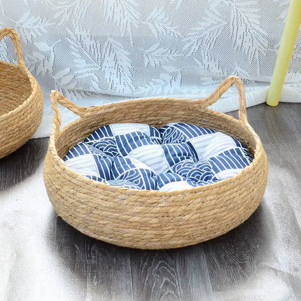 OUZEY Kattenmand Rattan Gevlochten | Kattenbed Rond | Warm en Comfortabel | Inclusief Kussen | Geschikt Voor Katten en Kleine Honden | Meerdere Kleuren | Gemaakt Van Hout