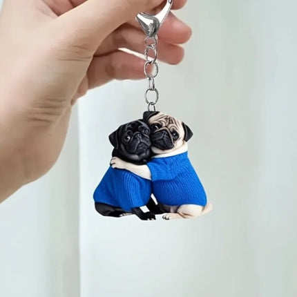 Sleutelhanger met Knuffelende Mopshonden | 2D Plat Acryl Honden Ornament | Decoratie voor Auto, Tas, Feest & Cadeau | Cartoon Dierenhanger | Unisex Gift Idee