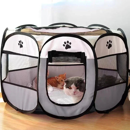 Huisdierentent Achthoekig Opvouwbaar | Voor Grote Honden & Katten | Ventilatie & Anti-Insectengaas | Makkelijk in Gebruik | Draagbaar en Lichtgewicht | Oxford Stof | Witte Curry Kleur | 73x73x43 cm | Geschikt voor Reizen & Buitenavonturen