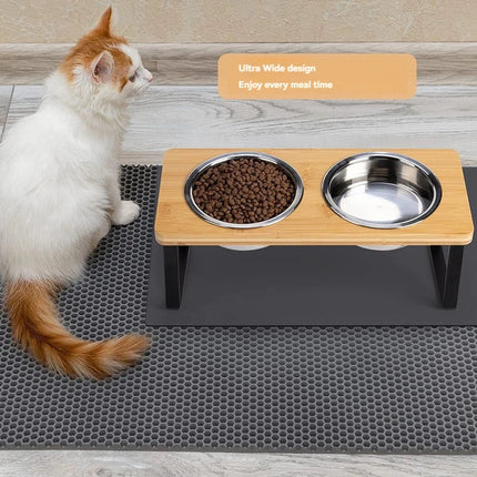 DinePaws Dubbele Voerbakken voor Katten en Kleine Honden | RVS Kommen met Houten en Bamboe Voet | Ergonomisch en Makkelijk Schoon te Maken