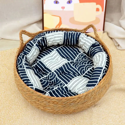 OUZEY Kattenmand Rattan Gevlochten | Kattenbed Rond | Warm en Comfortabel | Inclusief Kussen | Geschikt Voor Katten en Kleine Honden | Meerdere Kleuren | Gemaakt Van Hout