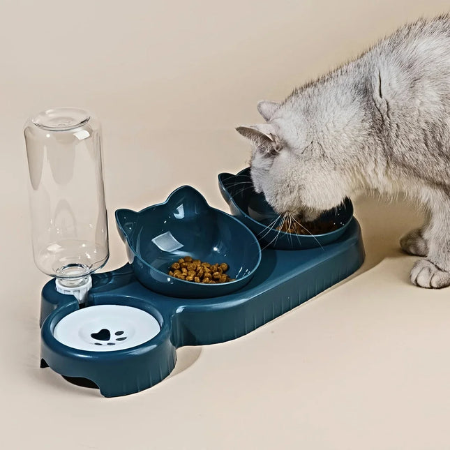 Kattenvoerbak en Waterbak 3-in-1 met Oorontwerp | Licht Hellende Kommen | Geïntegreerde Waterfles 500 ml | Kunststof | Eenvoudig te Reinigen