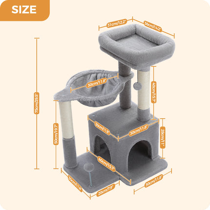 PEQULTI Kattentoren Grijs/Beige | Kleine Kattentoren voor Binnen | Sisal Krabpaal | Comfortabele Condo Hangmat | Drie lagen | Kattenkrabber | Kattenaccessoires | Kattenspeelgoed | Hout | 2-in-1 Design