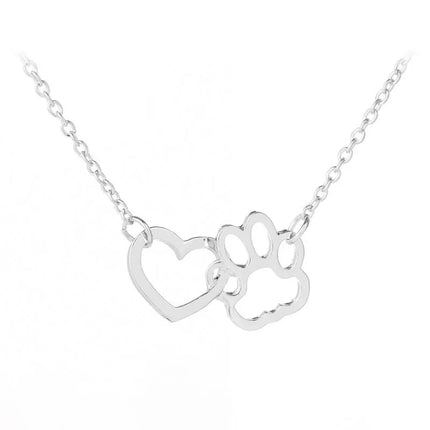 Halsketting met holle pootafdruk | Dieren hanger met hartvorm | Sieraad voor dames & meisjes | Hond en kat liefde | Goud en zilver | 42+7cm