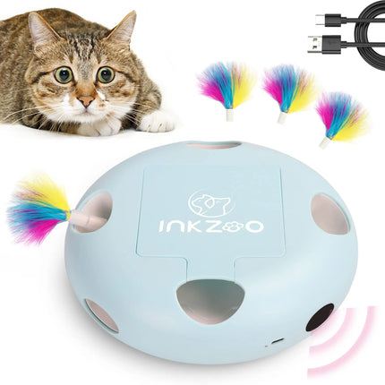 INKZOO Automatisch Katten Speelgoed | Interactieve Muis Veer Spel | Sensor Activering | 7 Openingen | Oplaadbare Batterij | Kattenvermaak | Onregelmatige Bewegingen | Duurzaam Plastic