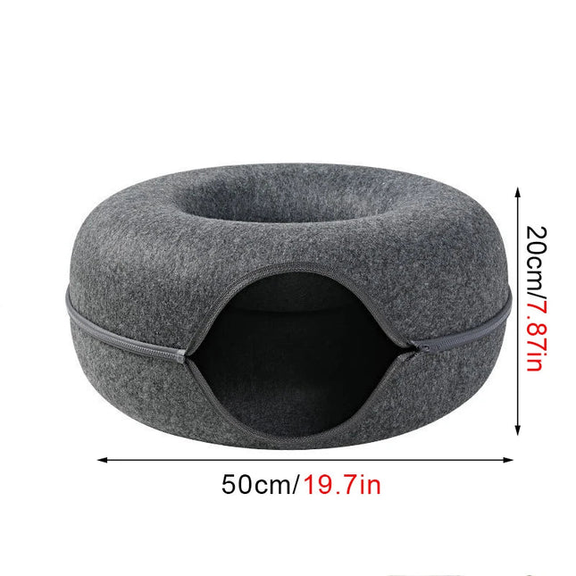 Donut- en Tunnelbed combinatie voor katten | Comfortabel en speels ontwerp in meerkleurig wolvilt | Opvouwbaar en ideaal voor kleine huisdieren