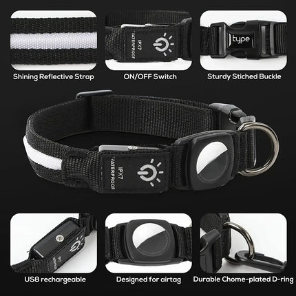 Airtag GPS Tracker | Safe LED Light | Waterproof Dog Collar | USB Rechargeable | Sturdy & Adjustable | Multicolor