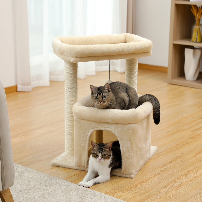 PAWZ Road Kattenboom | Grijs/Beige | Drie Lagen | Hout & Pluche | Inclusief Krabpalen met Sisaltouw | 68cm Hoog | Ruime Condos & Ligplaatsen | Geschikt voor Binnen | Verwijderbare Speelmuis | Stabiel en Veilig