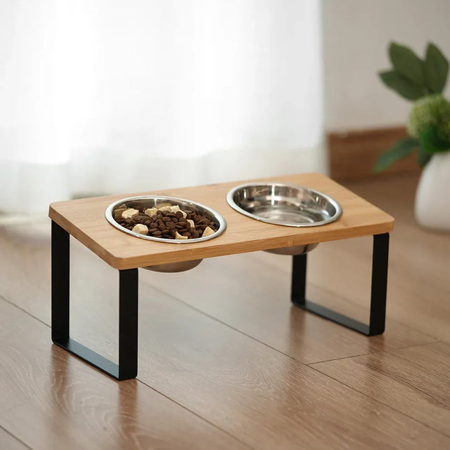 DinePaws Dubbele Voerbakken voor Katten en Kleine Honden | RVS Kommen met Houten en Bamboe Voet | Ergonomisch en Makkelijk Schoon te Maken