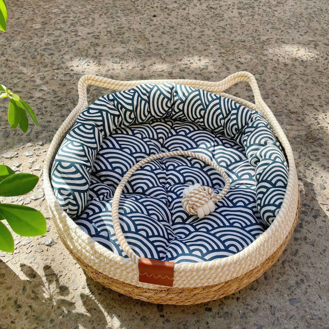 OUZEY Rieten Huisdier Mand | Comfortabel Ademend | Katoen | Ronde Mand voor Katten en Kleine Honden | Seizoensgebonden Dierenhuis | Perfect voor Rust en Slaap | Huisdieraccessoires uit China