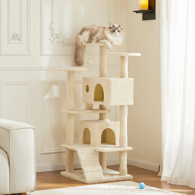JHK Kattenmeubel | Houten Kattentoren 4-laags | Speelhuis met Sisal Krabpalen | Stabiele Kattenboom | Binnenhuis Dierenspeelgoed | Pluche Bekleding | Muurbevestiging Optie