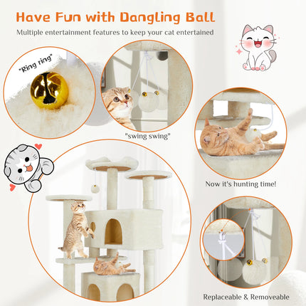 JHK Kattenmeubel | Houten Kattentoren 4-laags | Speelhuis met Sisal Krabpalen | Stabiele Kattenboom | Binnenhuis Dierenspeelgoed | Pluche Bekleding | Muurbevestiging Optie